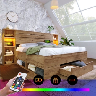 XDeer Massivholzbett Doppelbett Massivholzbett 180×200, Stauraumbett Bettanlage, mit LED-Beleuchtung und USB C Stauraum-Kopfteil,Bettgestell Lattenrost