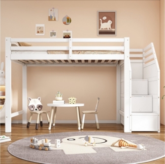 Ulife Hochbett Kinderbett Jugendbett Holzbett, Freier Raum unter dem Bett (ohne Matratze) kreativer Aufbewahrungsleiter, 90x200 cm