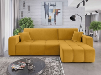Ecksofa mit Schlaffunktion Sofa DAGNY in Stoff Kronos Senfgelb Ottomane Rechts
