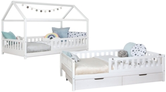 Ticaa Hausbett Duo mit Rausfallschutz und Schubkasten aus Kiefer, Bodenbett 100x200, inkl. abnehmbarem Dach, mit Rollrost, mit Matratze