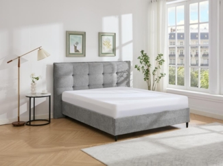 Vente-unique - Bett mit gestepptem Kopfteil + Matratze - 160 x 200 cm - Stoff - Grau - NIRPIO