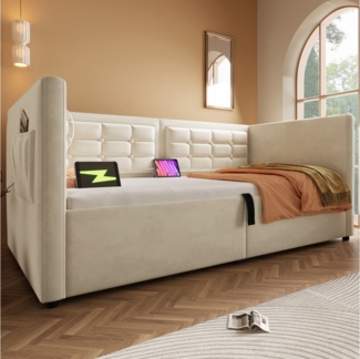 Odikalo Schlafsofa Stauraumbett Polsterbett Hydraulik USB Samt 90x190/200cm Grau/Beige