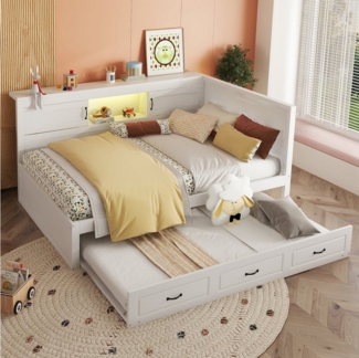 Flieks Daybett, LED Tagesbett Kinderbett 140x200 cm Ausziehbett 90x190 cm Ladenfunktion