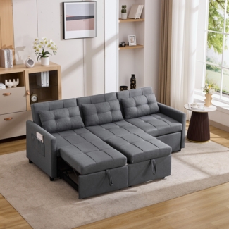 3-Sitzer Sofa mit 7 Konfigurationen, verstellbarer Rückenlehne bis 180°, Schlafsofa, klappbar, beige, mit Rollen & Seitentaschen,Grau