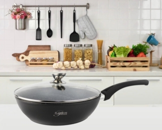 Bratpfanne 28cm Glasdeckel Induktion Marmor Antikratz Pfanne 3-lagige Marmorbeschichtung für alle Herdarten