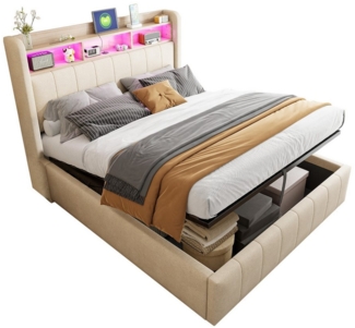 PHOEBE CAT Boxspringbett Hydraulisches Stauraumbett Funktionsbett mit Ladefunktion (Doppelbett), LED Polsterbett 140x200cm mit USB-Anschluss, Stauraum, Leinen, Beige