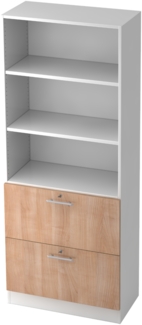 bümö office Aktenschrank mit Hängeregister-Schubladen abschließbar, Büroschrank Holz, 80cm breit in Weiß/Nussbaum - Hängeregistratur für Hängeordner, Büro Schrank mit Relinggriffen, 7300-W-N-RE