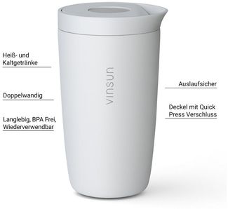 Vinsun Thermobecher Edelstahl Isolierbecher 350ml - Kaffeebecher to Go auslaufsicher, 2-tlg, Edelstahl, Doppelwandig, BPA frei, bruchfest, Einhandbedienung per Knopfdruck