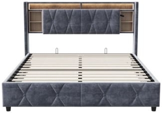 Furnishings Home Polsterbett Doppelbett Stauraumbett LED + Ladeanschluss (Klappbares Kopfteil, Hydraulisch anhebbarer Stauraum), Multifunktionsbett, Mit LED-Beleuchtung, Bettkasten, Samt, 140x200 cm