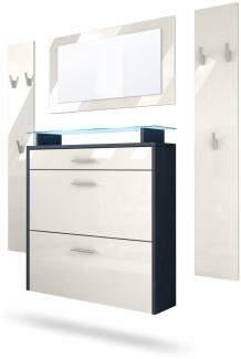 Vladon Garderobe Malea, Garderobenset bestehend aus 1 Hängeschuhschrank, 1 Wandspiegel und 2 Garderobenpaneele, Anthrazit matt/Creme Hochglanz, inkl. LED-Beleuchtung blau