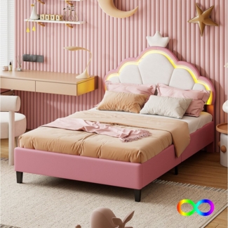 Furnishings Home Polsterbett Kinderbett LED Prinzessinnenbett Kronenform (Set, Verstellbare Kopfteilhöhe, Sehr gut geeignet für Mädchen), inkl. LED-Beleuchtung, Samt, 140x200 cm
