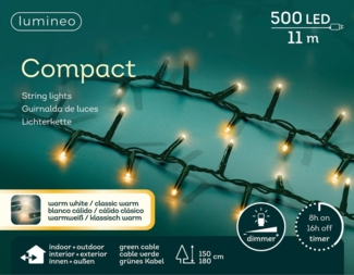 Lumineo LED-Lichterkette Lumineo Lichterkette COMPACT 500 LED 11 m warm weiß/klassisch warm, Indoor, Outdoor, dimmbar, 8h-Timer