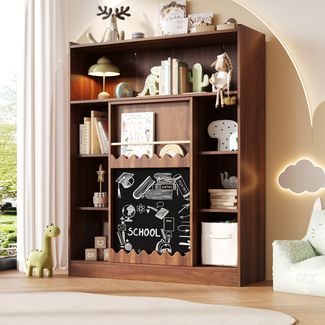 Merax 9-fach Bücherregal mit Maltafel, Standregal mit offenen Schiebetüren, Aufbewahrungsregal für Wohnzimmer/Büro/Schlafzimmer, Walnussfarbe