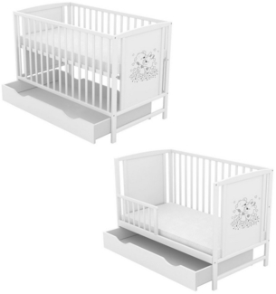 Baby-Delux Babybett Mia Bettkasten Schutzgitter, Kinderbett 60x120 weiß Schublade Barriere Kiefer Teddy Motiv Matratze