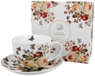 DUO FLORAL Jumbobecher 470 ml ZAHRA mit Untertasse, New Bone China Porzellan