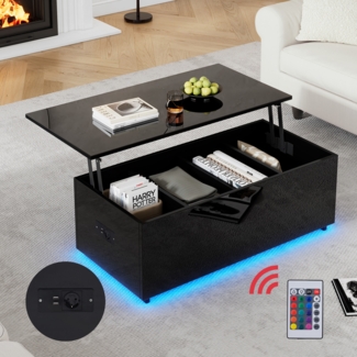 Merax schwarzer Couchtisch 100*50*35 cm Hochglanz-Couchtisch mit LED-Beleuchtung und verstecktem Stauraum - Beistelltisch mit hydraulischem Hub