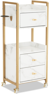 M MCombo Servierwagen mit Rollen & 3 Schubladen, Friseurwagen Rollwagen, Salon Trolley mit 2 Ablagen & Föhnhalter, Moderner Arbeitswagen für Bad Wohnzimmer, 30x40x95cm, 0022 (Weiß-Gold)