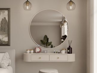 Compleo Schminktisch hängend mit Rund Spiegel, Stil Japandi oder Modern, Eiche cremona oder Beige, Ideal für Flur & Schlafzimmer