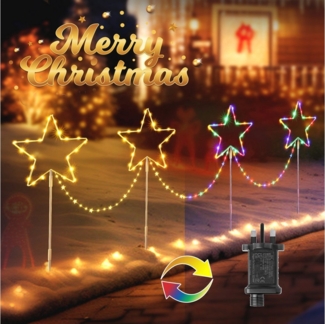 Elegear Lichterkette LED Weihnachts-Sternlichter 4er Set mit Erdspieß IP65, Farbwechsel Warmweiß 8 Modi Timer für Garten Weg Außen Deko