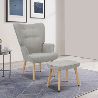 INOSIGN Ohrensessel PERHAM, Sessel mit Hocker im Set, Knopfheftung, Massivholz-Füße, komfortabler Relaxsessel und Sitz-Hocker mit Strukturbezug