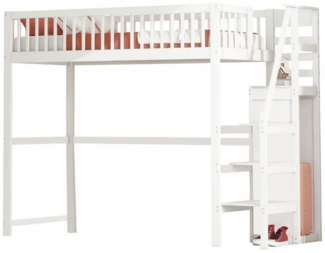 Flieks Hochbett Massivholz Kinderbett 90x200 cm mit Treppe und Kleiderstange