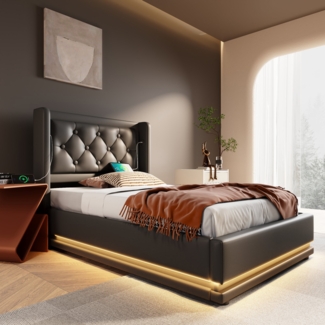 Polsterbett 90x200 cm aus PU mit Stauraum, mit 3-seitiger LED-Beleuchtung und USB- und Type-C-Anschlüssen