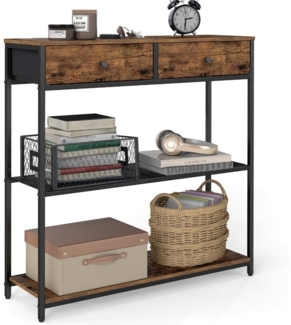 VASAGLE Konsolentisch schmal, Beistelltisch mit 2 Stoffschubladen, Flurtisch, 24 x 76 x 80 cm, für Flur, Wohnzimmer, vintagebraun-tintenschwarz