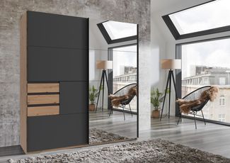 Kleiderschrank Oldenburg in Artisan Eiche mit Spiegeltür und Grafitfront- Schwebetürenschrank, optionaler Passepartoutrahmen - Schwebetürenschrank