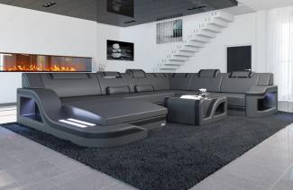 Sofa Dreams Wohnlandschaft XXL Ledersofa Palermo U Form Mini, Designersofa, Couch mit LED Licht und USB Anschluss