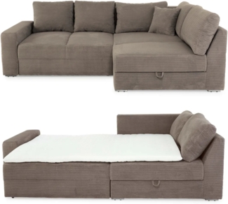ECKSOFA-DAUERSCHLÄFER Boxspring Federkern Topper Bettkasten, seitenverkehrt montierbar B260/T181/H88 cm in Cord Braun Taupe
