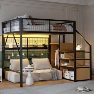 Merax Hochbett (Kinderbett Jugendbett Eisenbett, 1-St, App-gesteuerte LED-Leuchten) Metallbett 140x200cm mit LED Stauraumtreppe Kleiderschrank Gitter