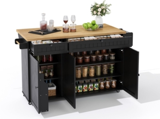 SeedWave Kücheninsel Rollwagen mit Klappbarer Tischplatte, 2 Schubladen, 6 Staufächern, Gewürzboard & Handtuchhalter, 2 höhenverstellbare Einlegeböden