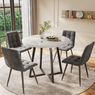 Merax Esstisch-Set (5-teilig), modernes Esstisch-Set (mit 4 Stühlen), Küchen-Esstisch-Set, runder Küchentisch mit 80 cm Durchmesser und schwarzen Metallbeinen, weiße MDF-Platte, dunkelgraue Samtstühle