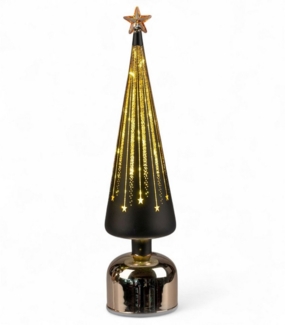 formano LED Weihnachtsbaum drehend Baum 38cm schwarz-gold aus Farbglas mit Timer & Sternlicht – moderne LED Deko mit 360° Bewegung – batteriebetrieben für Weihnachten & festliche Ambientbeleuchtung