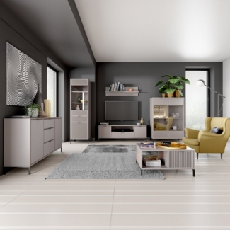 Lomadox Wohnwand LAURO-161, (6-St, Kommode Vitrine Wandregal Lowboard Highboard Couchtisch), Wohnzimmer Set Kaschmir beige modern mit Rillenoptik und Beleuchtung