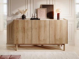 Vente-unique - Sideboard mit 3 Türen - Helle Holzfarben & Marmor-Optik Weiß - SITOLI