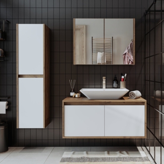 Roomart Badmöbel Set ATLANTIC 4-teilig, In 5 Farben, 100 cm Unterschrank mit Keramikwaschbecken in 4 Farben • Spiegelschrank • Hochschrank