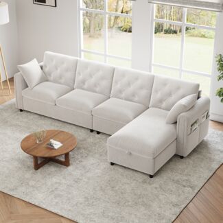 Merax 281cm Big-Sofa, Ecksofa mit Stauraum im Eckbereich, L-förmiger Stauraum im Eckbereich links und rechts verstellbar, Seitliche Armlehnen mit Magazintaschen, Samt Beige