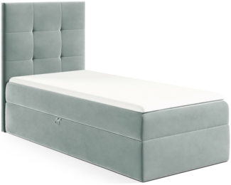 MEBLINI Kinderbett mit Bettkasten MINO 2 90x200 Links – H3/Blaugrau Samt Gepolstert Einzelbett mit Matratze - Polsterbett mit Stauraum - Bett mit Kopfteil – Stauraumbett