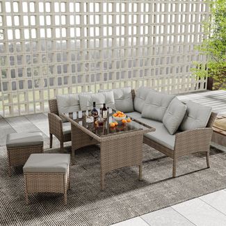 Celya Gartenlounge-Set Gartenlounges für 7 Personen, Gartenmöbel mit Sofa und Tisch, (Khaki, Gartenlounge für 7 Personen, mit Sofa, Tisch, Hocker & Kissen), Poly Rattan Sitzgruppe Esstisch Lounge Gartenmöbel