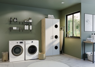 rauch Allrounder, Wäscheschrank, 2-türig, Farbe Hochglanz Weiß/Eiche Artisan, BxHxT 91x210x54cm