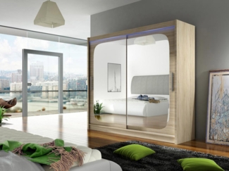 Kleiderschrank London VIII, mit RGB LED Beleuchtung, Farbe: Sonoma Eiche / Spiegel