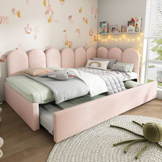 Merax Einzelbett Polsterbett 90x200cm,Tagesbett Schlafsofa mit Ausziehbett 90x190cm, Kinderbett mit Lattenrost, Samt, Rosa