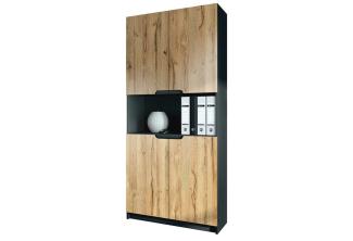 Vladon Büroschrank Logan V2, Aktenschrank mit 5 Fächern und 4 Türen, Schwarz matt/Eiche Natur (82 x 184 x 37 cm)