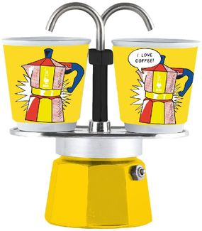 Bialetti Espressokocher Set Mini Express Lichtenstein + 2 Espressobecher