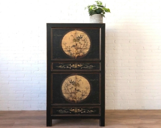 Chinesischer Vintage Schrank Schwarz Beige Kommode Sideboard Kolonial-Stil Antik-Stil Lowboard asiatisch orientalisch Fernost shabby-chic Landhaus