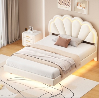 Flieks Polsterbett, LED Beleuchtung Doppelbett Schwebebett Muschel Kopfteil 140x200cm Samt