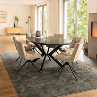 HOME DELUXE Essgruppe Rund Ausziehbar AVENTURA inkl. Sternfuß - 120-160 x 120 cm Dark Oak 6 Stühle Hellbraun