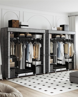 Kleiderschrank, Stoffschrank, tragbarer Kleiderschrank für das Schlafzimmer, 3 Kleiderstangen mit Vliesstoffabdeckung, 9 Fächer, 162 x 43 x 175cm, grau