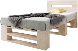 sunnypillow Palettenbett M2 aus Holz 90x200 cm mit Kopfteil und 2 Bettkästen. Stabiles Seniorenbett Kinderbett Jugendbett Gästebett erhöhtes Einzelbett Bettgestell Futonbett Komforthöhe Naturholz